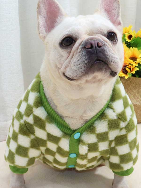 GMTPET Green and white checkerboard fat dog bulldog pug dog French fighting winter clothes plus velvet thick cardigan plush sweater 107-222039 gmtpet.shop
