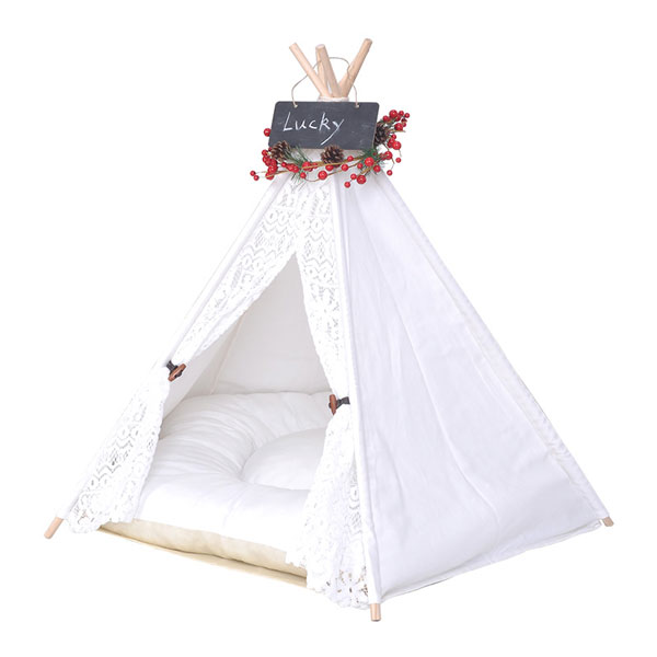 Outdoor Pet Tent: White Cotton Canvas Conical Teepee Pet Tent Collapsible Portable 06-0937 Pet Tents: Pet Teepee Bed House Folding Dog Cat Tents Dog Tent outdoor pet tent
